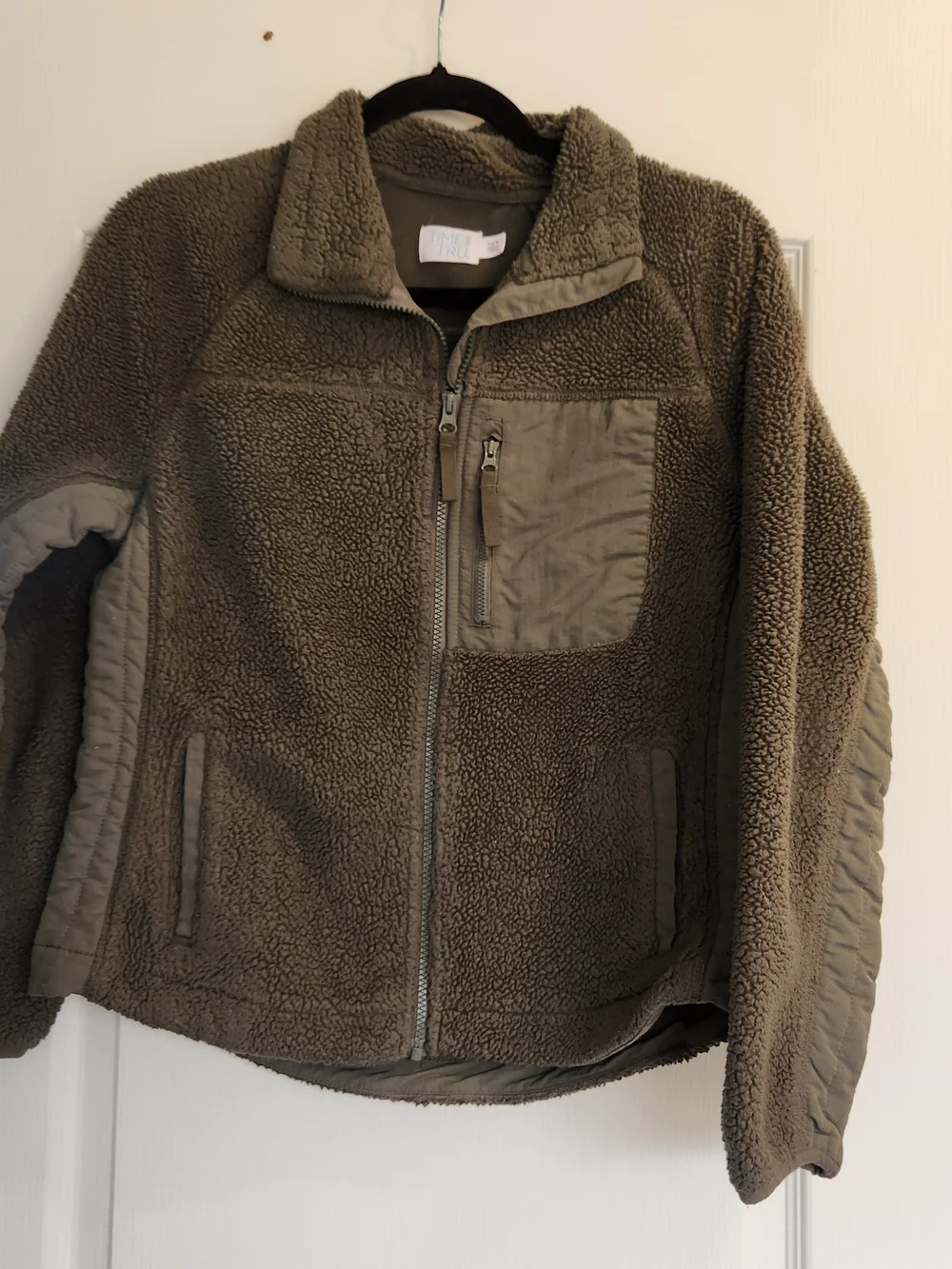 Time and Tru Olive Teddy Fleece Zip Jacket S Euc